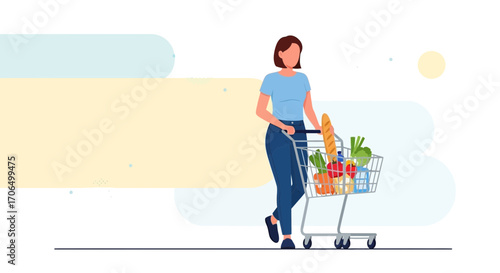 Woman Pushing Shopping Cart Full Of Groceries In Colorful, Simplified Illustration