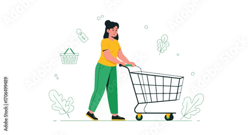 Woman pushing Shopping Cart in Store Illustration Depicting Retail And Consumerism
