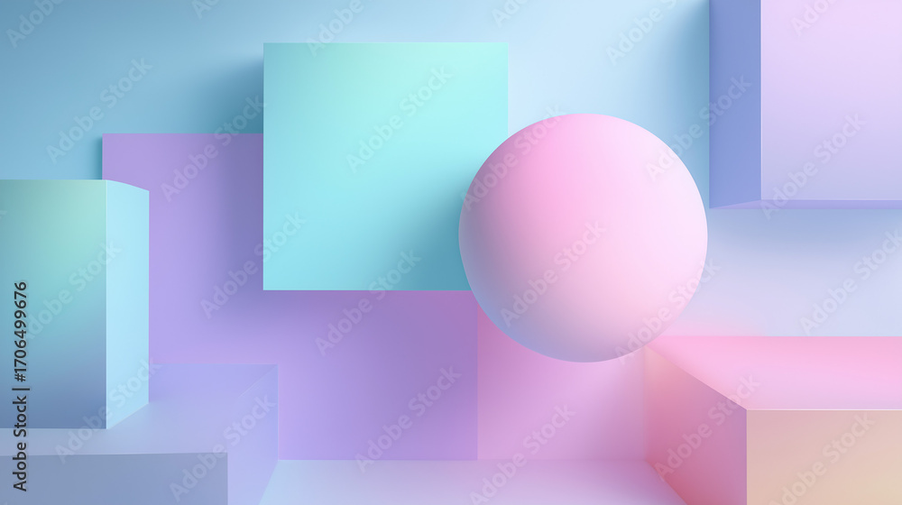 Fototapeta premium Minimal geometric shapes with soft pastel gradients, clean composition, modern design background
