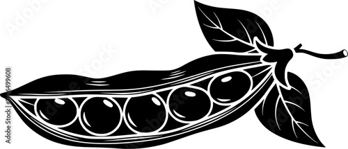 Stylish Black Silhouette Open Soybean Pod with Visible Beans and Two Leaves