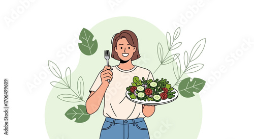 Woman Ready To Consume Salad, Healthy Eating For Wellness, A Fresh And Vibrant Diet
