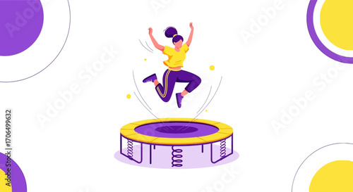 Woman Rejoicing On Trampoline Underneath Colorful Geometric Design Concept