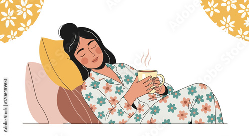 Woman Relaxing At Home And Drinking A Hot Beverage, Cozy Lifestyle Illustration.