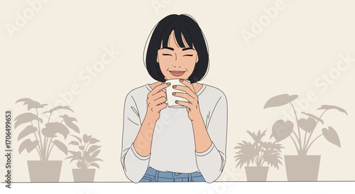 Woman Relaxes With A Drink, Surrounded By Potted Plants, Enjoying Home Ambiance