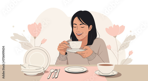 Woman Relaxes With Cup Of Tea In A Serene And Elegant Minimalist Setting