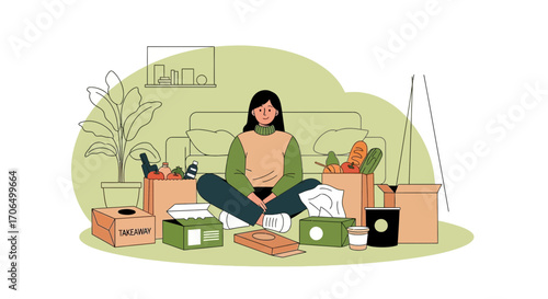 Woman Relaxing At Home With Groceries And Takeaway Deliveries In A Simple Illustration