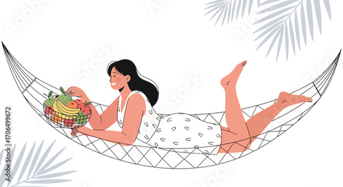 Woman Relaxing In Hammock With Fresh Fruits: Summer Vacation Lifestyle Illustration