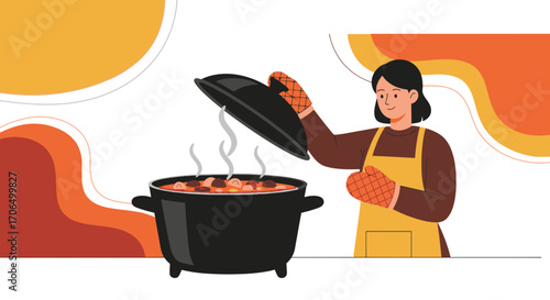 Woman Revealing Delicious Stew: Cooking Illustration, Colorful, Modern Kitchen, Ready to Serve