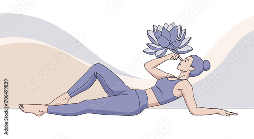 Woman Resting with a Lotus Flower on Her Nose; Symbolizes Peace and Mindfulness