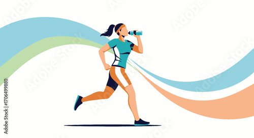 Woman Runner Taking Hydration Break, Minimal Illustration, Pastel Wavy Background