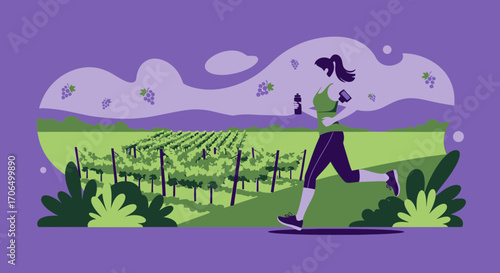 Woman Run Through The Scenic Vineyard, Healthy Lifestyle And Outdoor Activity