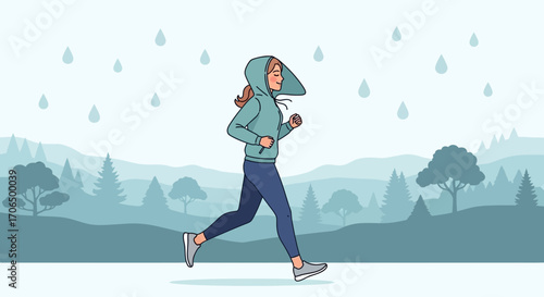 Woman Running Outdoors in the Rain Enjoying a Pleasant Exercise During a Cloudy Weather