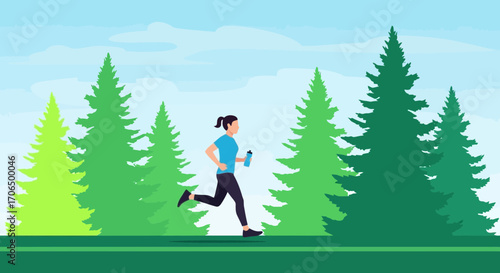 Woman Running Through Forest, With Bottle, Promotes Health, Outside, Jogging, Sky Background