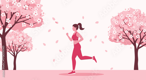 Woman Running Under Blooming Cherry Blossoms in Pastel Pink Springtime Scene