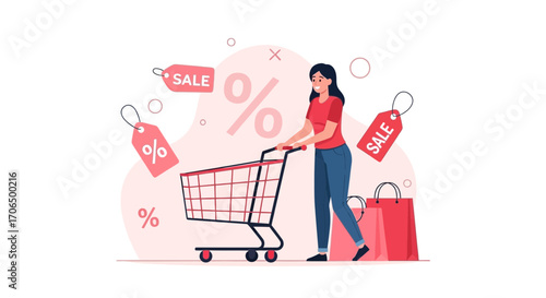 Woman Shopper With Shopping Cart, Exploring Discounts, Deals and Sales Offers