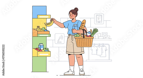 Woman Shopping for Fresh Produce in Supermarket with Basket and Selecting Bananas