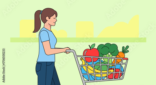 Woman Shopping For Groceries With Healthy Fruits And Vegetables For Preparation Of Meals