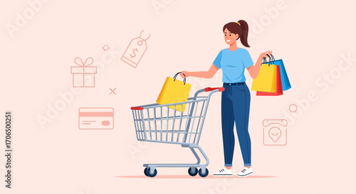 Woman Shopping With Cart: Colorful Bags, Gift Icon, Credit Card Symbols, Vector Illustration