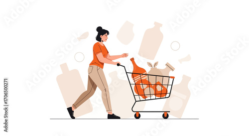 Woman Shopping, Consumerism and Buying Groceries for Home on White Background Illustration
