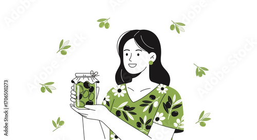 Woman Showcasing Jar Of Olives In A Minimalist And Modern Green Aesthetic Illustration