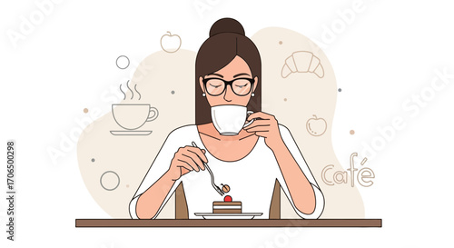 Woman Sipping Coffee, Enjoying Cake, Cafe Concept, Relaxing, Vector Illustration Style
