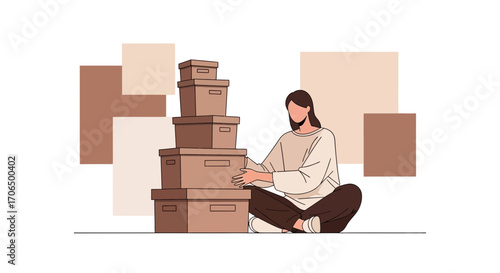 Woman Stacks Boxes, Sorting And Organizing While Seated, Geometric Background