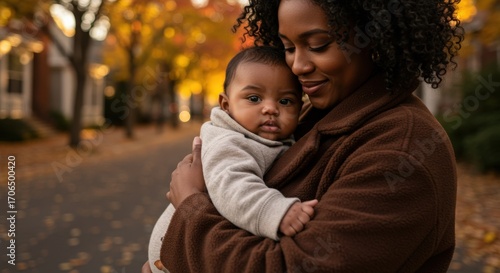 Black woman in autumn coat holding baby, walking outdoors in autumn park, warm fall weather, miracle of motherhood