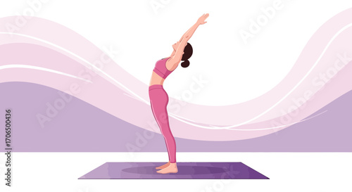 Woman Stretching And Doing Yoga Poses On A Mat With A Swirls Background