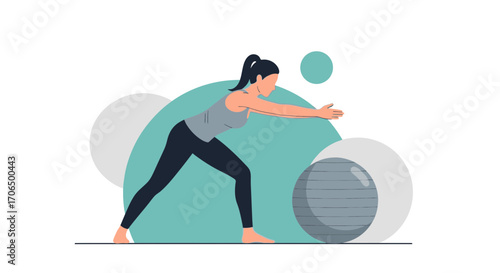 Woman Stretching And Exercising With Exercise Ball In Vector Graphic Illustration