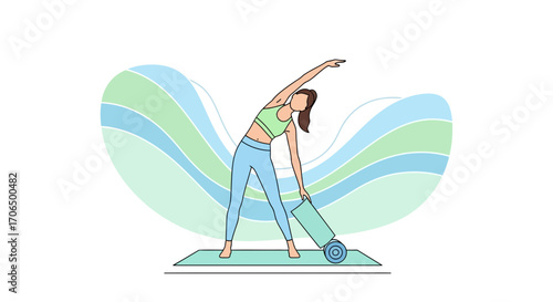Woman Stretching In Yoga Pose On Matte With Abstract Wavy Background For Wellness