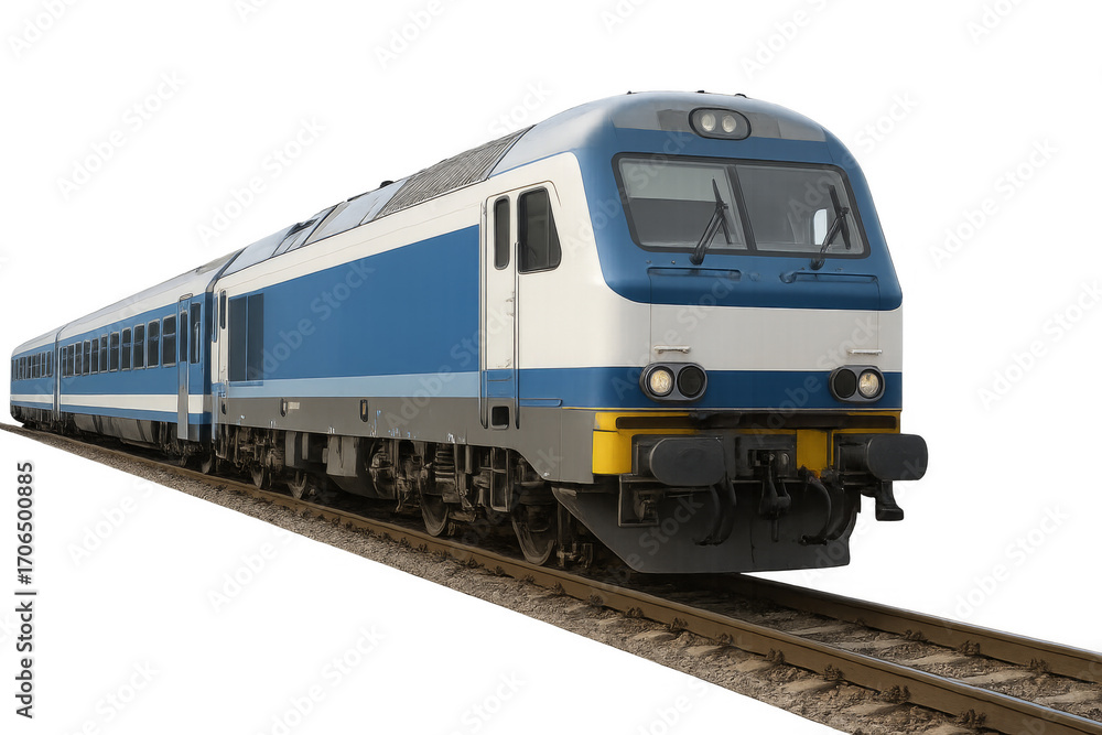 Naklejka premium Modern passenger express train moving on railway track with transparent background