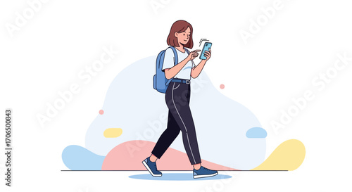 Woman Walking And Looking At Her Phone While Carrying A Backpack On A White Background