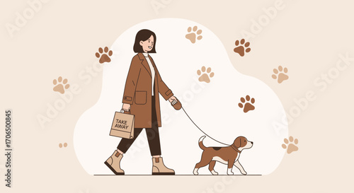 Woman Walking Dog and Taking Take Away Food on a Pleasant Day, Pet Owner Concept