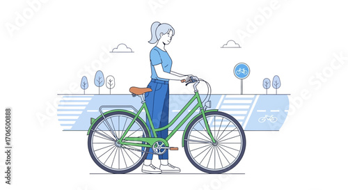 Woman Walks Bicycle Along Bike Path, Illustrative Depiction Of Urban Cycling And Lifestyle