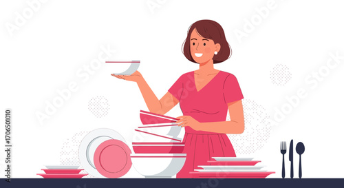 Woman Washing Dishware After A Meal, Vector Illustration Of Daily Life, Housework Concept