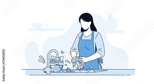 Woman Washing Dishes In The Kitchen Working In Daily Tasks, Line Art Illustration