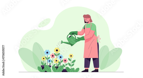 Woman Watering Flowers In Garden, Vibrant Plants Growing, Decorative Gardener Illustration