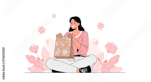 Woman With a Gift Bag and Floral Elements in a Serene And Joyful Illustration