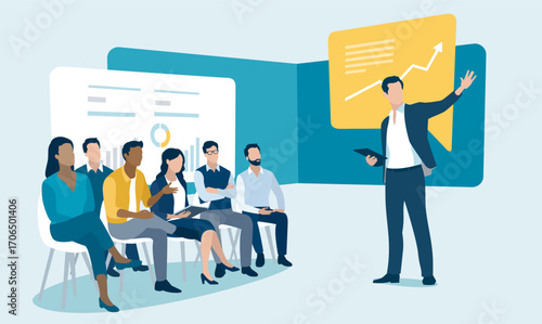 Growth, strategy, presentation. Discussing business plan. Vector illustration