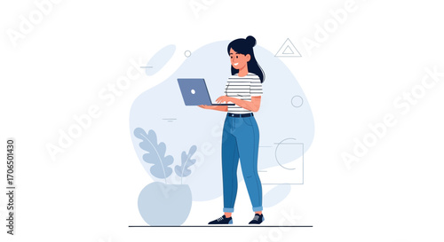 Woman Working On Laptop, Illustrative Design With Decorative Elements And Foliage At Home