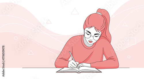 Woman Writing In Notebook With Glasses In A Pink Toned Aesthetic Background