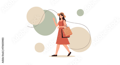 Woman's Day Out: Modern Illustration of A Shopper with Shopping Bags and Abstract Shapes