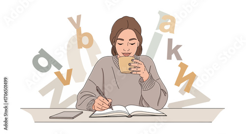 Woman Writing Notes While Drinking Coffee, Capturing a Peaceful, Creative Moment of Work