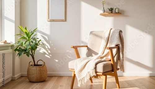Cozy armchair with blanket and plant in modern interior setting  
