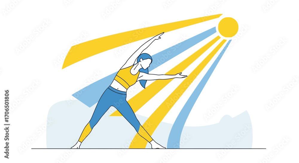 Naklejka premium Yoga Posing Under Sunshine, Illustrative Depiction of Wellness and Serenity, Health and Exercise