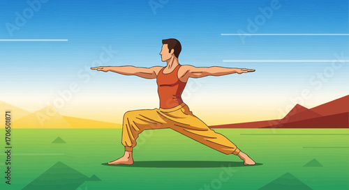 Yoga Practitioner Doing Warrior Pose In A Vibrant Landscape Under A Blue Sky