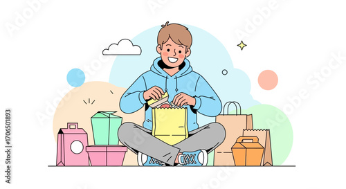Young Adult Checking a Food Order, Smiling Joyfully and Surrounded by Various Takeout Boxes