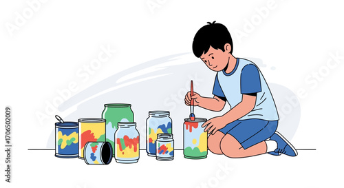Young Artist Crafting Colorful Paintings Using Various Paints And Colorful Elements