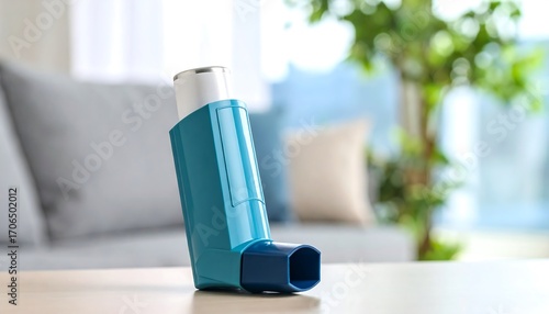 Inhaler on a table in a living room.  Blurred background