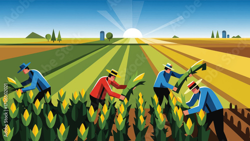 A stylized illustration of farmers harvesting a field of corn under a bright, rising sun